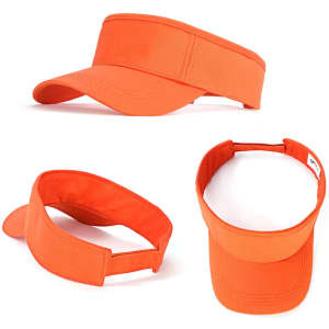 An orange visor with a curved brim and adjustable strap. It features a logo on the side.