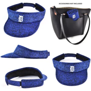 A blue visor with a branded logo, featuring a wide brim and adjustable strap, displayed from multiple angles.