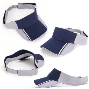 A navy and grey mesh knit visor featuring a logo, designed for headwear and sun protection.