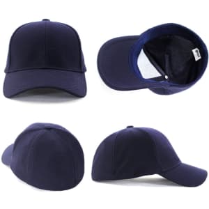A navy blue mesh fitted cap displayed from various angles, featuring a logo on the front.