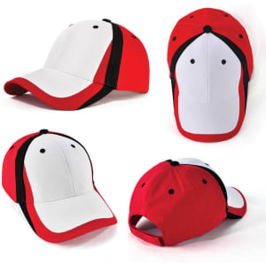 A red and white cap featuring a black accent, displaying various angles of the headwear. It has a logo in one area.