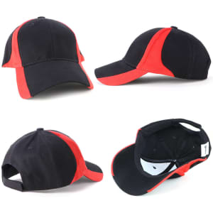 A black and red cap with a structured design and a branded logo on the front, showcasing multiple angles.