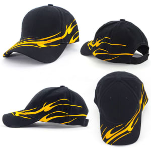 A black cap featuring a bold yellow wave design, with a logo on the front and side. Adjustable back closure.