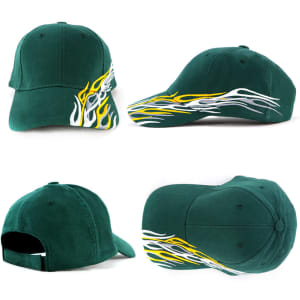 A green cap featuring flame designs in yellow and white. The cap has a logo and a classic curved brim.