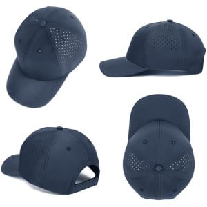 A navy cap featuring perforated detailing, with various angles displayed. It has a logo on the front.