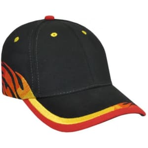 A black cap with vibrant red, yellow, and orange detailing, featuring a logo on the front.