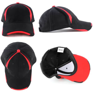 A black cap with red accents, featuring a logo and showing multiple angles, including an interior view.