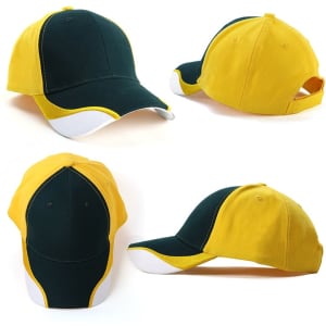 A cap featuring a green and yellow design with a curved brim and a logo on the front.