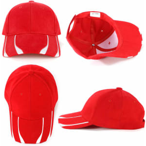 A red cap with a structured design, featuring white accents and a branded logo on the front.