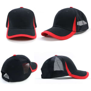 A black cap with red accents and a mesh back, featuring a logo on one side.