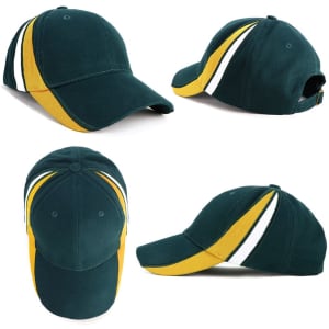 A green cap with contrast yellow and white stripes, featuring mesh side panels and a logo.