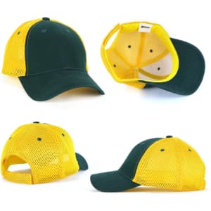 A green and yellow mesh cap featuring a structured brim, mesh panels, and an adjustable strap at the back.
