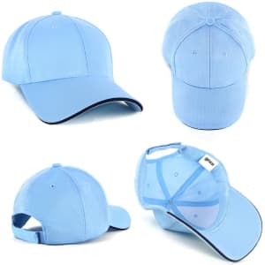 A structured cap in light blue with a contrasting black peak and a logo on the back.