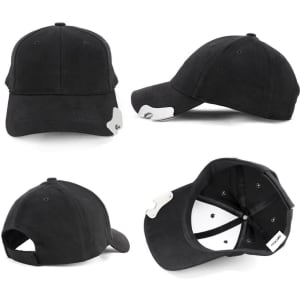 A black cap with a structured design featuring a logo and an adjustable strap at the back.