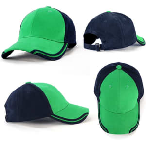 A green and navy cap featuring a logo, showcasing various angles and views of the headwear.