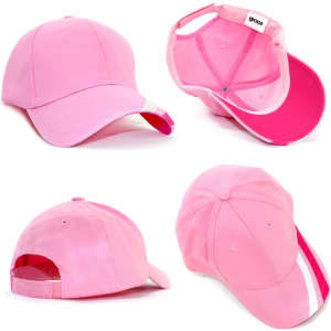 A pink cap featuring a curved brim and adjustable strap, with a logo on the inner side. Multiple angles displayed.