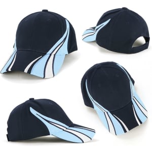 A navy cap with light blue and white design elements, featuring a logo on one side.
