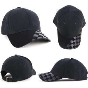 A black cap featuring a patterned peak and adjustable strap, with a logo on one side.