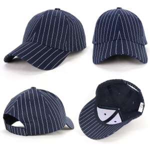 A navy blue cap featuring a pinstripe design and a logo, displayed from multiple angles.