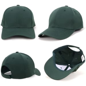 A green cap featuring a solid design and a back strap for adjustment. It has a logo on the side.