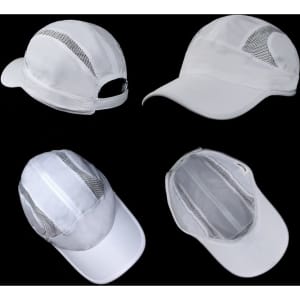 A white runner cap featuring mesh panels, with a branded logo and multiple angles displayed on a black background.