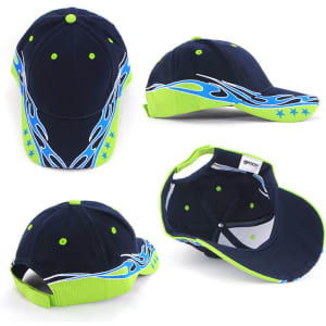 A navy blue cap with vibrant blue and lime green designs, featuring a logo and adjustable back.