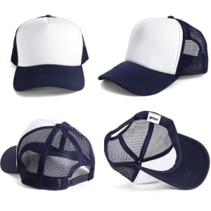 A navy and white Polymesh Trucker Cap featuring mesh panels and a logo on the back.