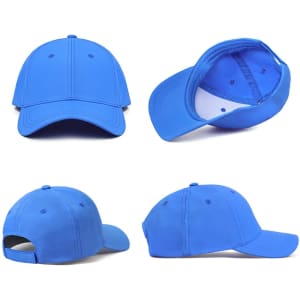 Four views of a blue cap made from ripstop material, featuring a curved brim and an adjustable back.