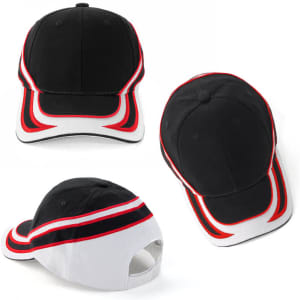 A black cap with red and white accents, featuring a curved brim and a logo on the front.