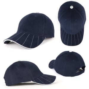A navy cap featuring white stitching and a logo, shown from multiple angles.