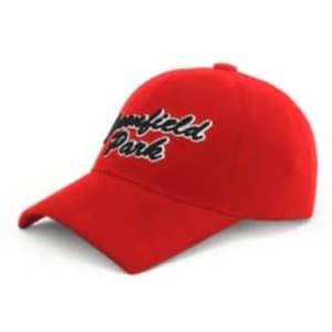 A red cap with a black embroidered logo on the front. The cap features a curved peak and a fitted design.