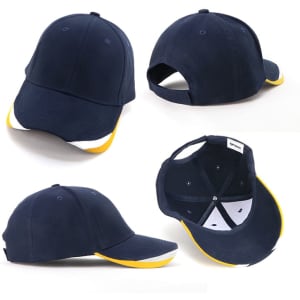 A navy cap with a yellow and white trim, featuring a logo and multiple angles displayed.