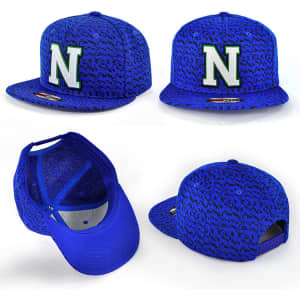 A blue cap featuring a patterned design and a logo on the front, with a snapback closure at the back.