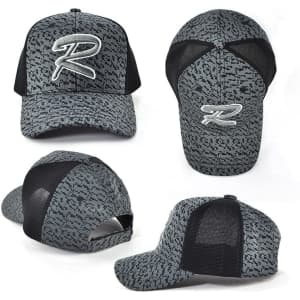 A grey patterned cap featuring a black mesh backing and a logo on the front.
