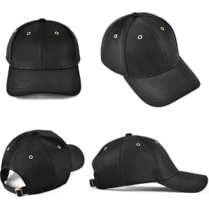 A black cap featuring multiple ventilation eyelets, adjustable strap, and a sleek design. Includes a logo on the front.