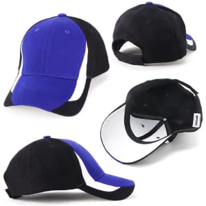 A cap featuring a three-tone design with blue, black, and white panels, and a logo on the side.
