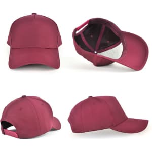 A burgundy D-Lux 5 Panel Cap displayed from multiple angles, featuring a branding logo.