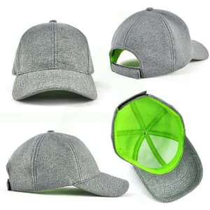 A grey cap featuring a green interior and an adjustable strap at the back, with a branded logo.