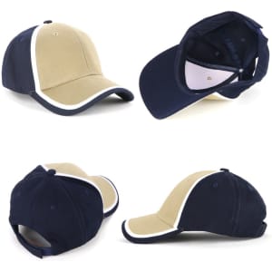 A cap featuring a navy blue and tan design with white double trim and a logo on the front.