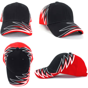 A black and red cap featuring dynamic zigzag patterns and a logo, showcasing a sporty design.