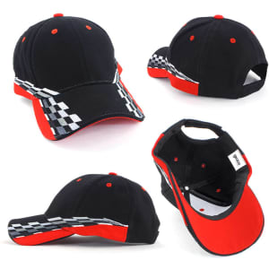 A cap featuring a black base with red accents and a checkered pattern along the brim. It has a logo on the side.