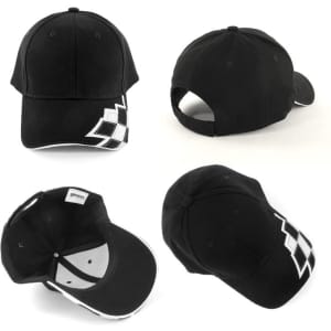 A black cap featuring a logo and a patterned design on the side, shown from multiple angles.