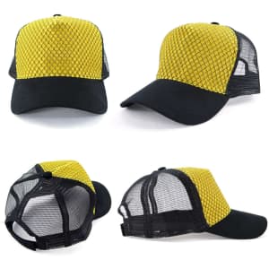 A yellow and black trucker cap with mesh detailing and a logo on the front.