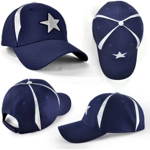 A navy cap featuring silver star embellishments and contrasting white stripes, showcasing multiple angles of the design.