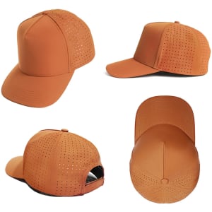 A cap in a warm brown hue featuring perforated detailing, showcasing multiple angles and a logo.