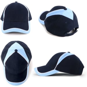 A navy and light blue cap featuring a logo, showcasing multiple angles.