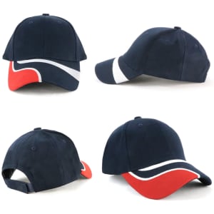A navy cap with a red and white design, featuring a logo. It has an adjustable strap at the back.
