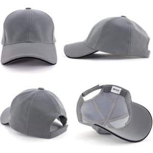 A grey mesh cap with a structured design, featuring a logo and an adjustable strap at the back.
