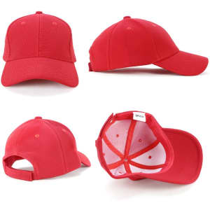 A red mesh cap displayed from multiple angles, featuring a logo on the front and an adjustable back strap.