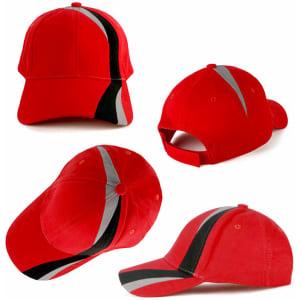 A red cap featuring a contrasting black and grey design, with multiple angles displayed. It has a logo on it.